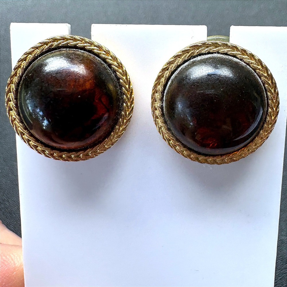 Vintage LCI Gold Tone Amber Resin Cabochon Button Stud Earrings